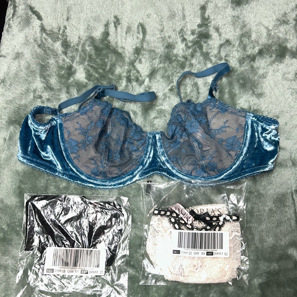 Blue Lace Velvet Bra and Lace Panties